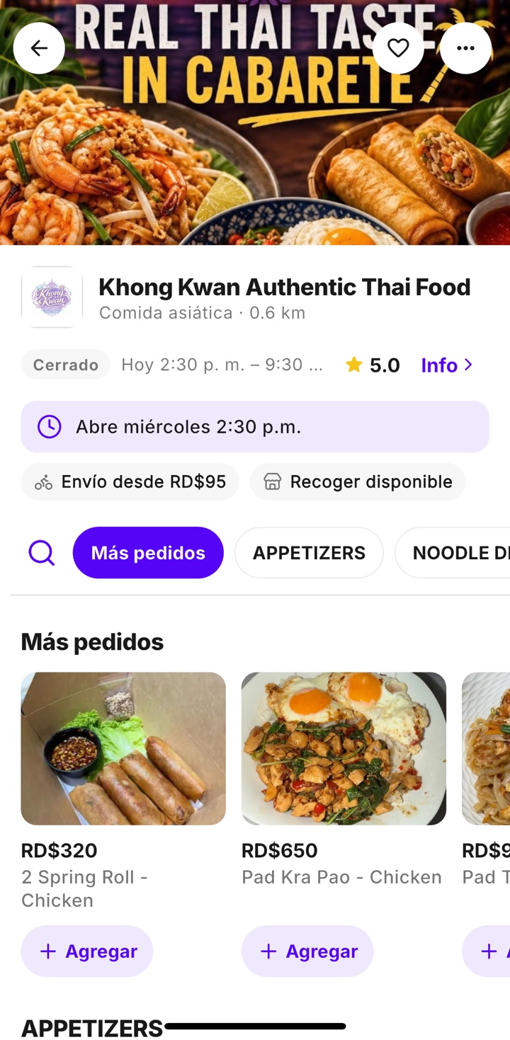 Menú de una tienda en la app StackBot